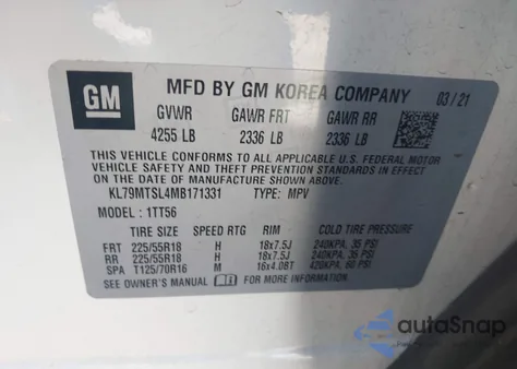 2021 Chevrolet Trailblazer Fwd Rs z USA, uszkodzony, nr VIN KL79MTSL4MB171331